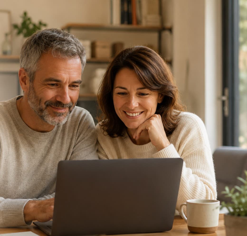 Un couple souriant découvre l'IA ensemble devant un ordinateur