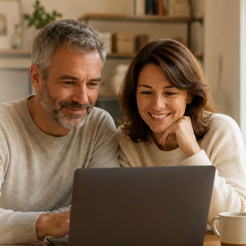Un couple souriant découvre l'IA ensemble devant un ordinateur